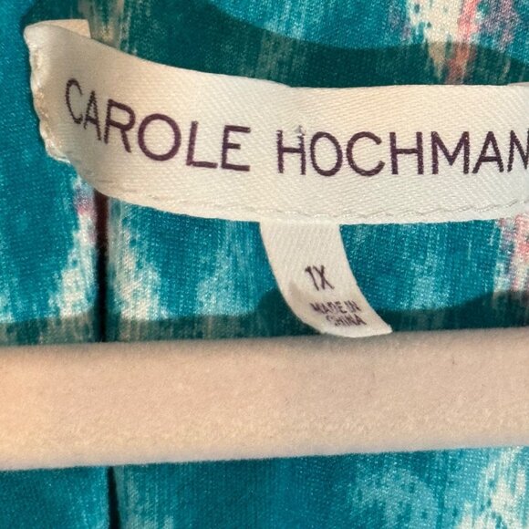 Carole Hochman Green & Pink Ikat Print V-Neck Short Sleeve Top 1X - Picture 4 of 11